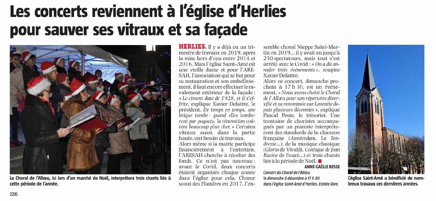 La voix du nord samedi 25 nov 2023 concert herlies 3 decembre 2024